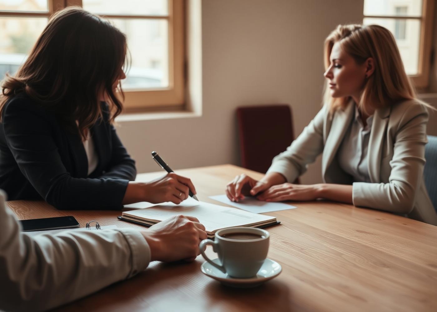Two professionals reviewing a brief over coffee
